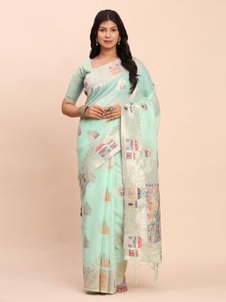 Anaita - Sky Blue Women Linen Blend Woven Saree with Unstitched Blouse
