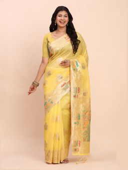 Anaita - Yellow Women Linen Blend Woven Saree with Unstitched Blouse