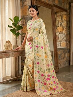 Anaita - Cream Linen Blend Floral Saree with Unstitched Blouse