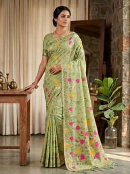 Anaita - Green Women Linen Blend Floral Saree with Unstitched Blouse