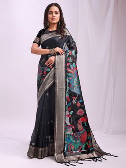 Anaita - Women Black Linen Blend Woven Saree with Unstitched Blouse