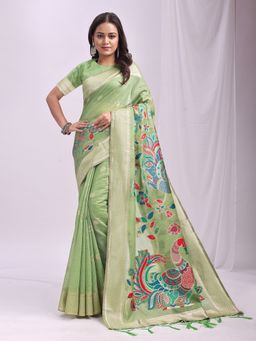Anaita - Women Green Linen Blend Zari Saree with Unstitched Blouse