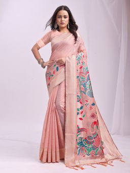 Anaita - Pink Women's Linen Blend Woven Saree with Unstitched Blouse
