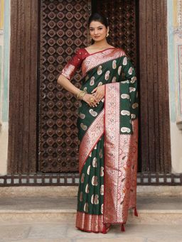 Anaita - Dark Green Women Silk Woven Saree with Unstitched Blouse
