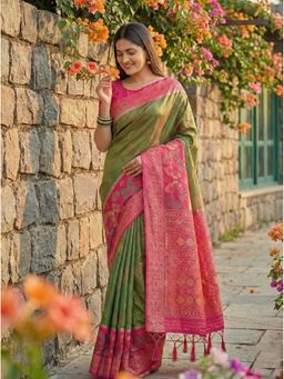Anaita - Women Mehendi Dark Green Silk Woven Saree with Unstitched Blouse