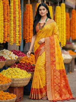 Anaita - Women Yellow Silk Woven Saree with Unstitched Blouse