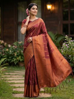 Anaita - Maroon Silk Blend Woven Saree with Unstitched Blouse