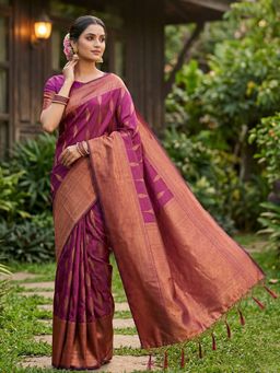 Anaita - Women Purple Silk Blend Woven Saree with Unstitched Blouse