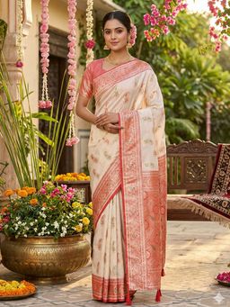 Anaita - Off White Silk Blend Woven Saree with Unstitched Blouse