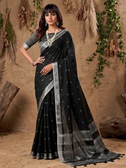 Anaita - Black Women Linen Blend Woven Saree with Unstitched Blouse