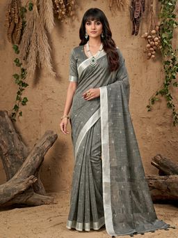 Anaita - Women's Grey Linen Blend Tassels Saree with Unstitched Blouse