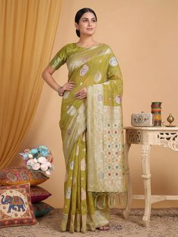 Anaita - Mustard Linen Blend Woven Saree with Unstitched Blouse