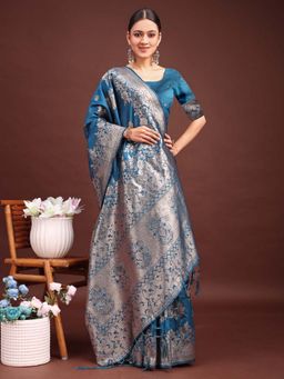 Anaita - Women Blue Banarasi Woven Saree with Unstitched Blouse