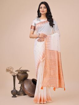 Anaita - Women White Linen Blend Woven Saree with Unstitched Blouse