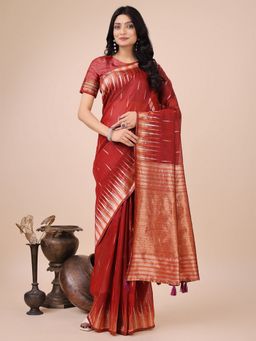 Anaita - Women Red Linen Blend Woven Saree with Unstitched Blouse