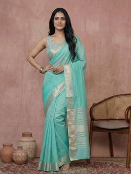 Anaita - Blue Cotton Woven Saree with Unstitched Blouse