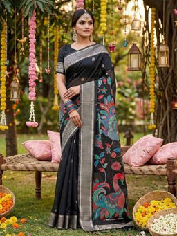 Anaita - Black Linen Blend Woven Saree with Unstitched Blouse