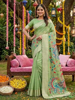 Anaita - Green Linen Blend Woven Saree with Unstitched Blouse