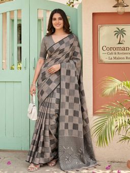 Anaita - Black Linen Blend Checks Saree with Unstitched Blouse