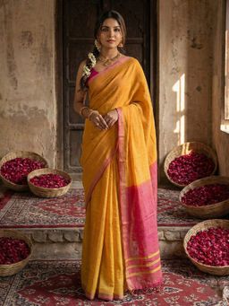 Anaita - Yellow Cotton Woven Saree with Unstitched Blouse