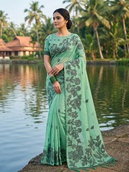 Anaita - Turquoise Linen Blend Floral Saree with Unstitched Blouse