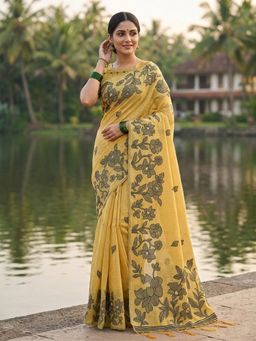 Anaita - Yellow Linen Blend Floral Saree with Unstitched Blouse