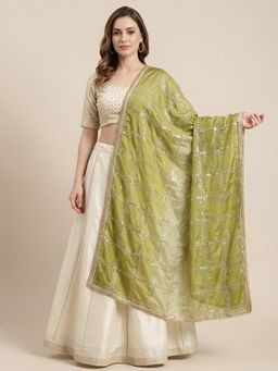 MUFFLY - Chinon Embellished Grid Design Ethnic Green Dupatta