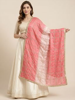 MUFFLY - Chinon Embellished Grid Design Ethnic Pink Dupatta