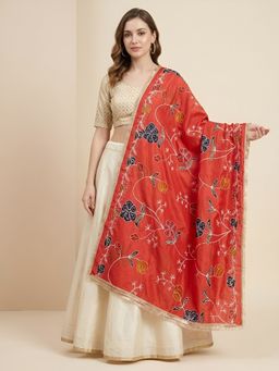 MUFFLY - Zari Brush Print Floral Ethnic Orange Dupatta