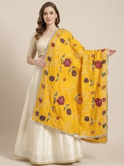 MUFFLY - Zari Brush Print Floral Ethnic Yellow Dupatta