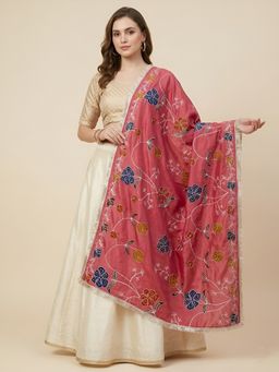 MUFFLY - Zari Brush Print Floral Ethnic Pink Dupatta