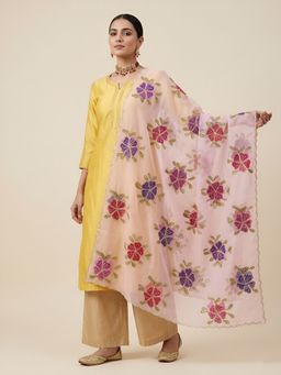 MUFFLY - Organza Zari Floral Brush Print Ethnic Multi-Color Dupatta