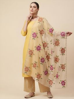 MUFFLY - Organza Zari Floral Brush Print Ethnic Multi-Color Dupatta