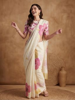 Jaipur Kurti - Beige Linen Blend Floral Saree With Unstitched Blouse