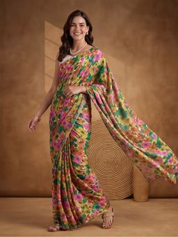 Jaipur Kurti - Multi-Color Linen Blend Floral Saree With Unstitched Blouse