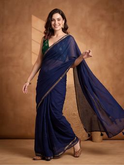 Jaipur Kurti - Women Blue Pure Cotton Solid Saree With Unstitched Blouse