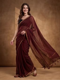 Jaipur Kurti - Women Maroon Pure Cotton Solid Saree With Unstitched Blouse