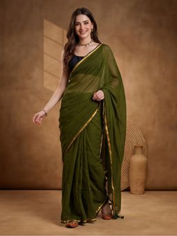 Jaipur Kurti - Olive Pure Cotton Solid Saree With Unstitched Blouse