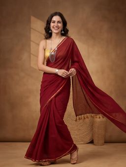 Jaipur Kurti - Women Red Pure Cotton Solid Saree With Unstitched Blouse
