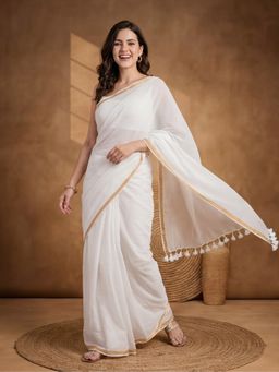 Jaipur Kurti - White Pure Cotton Solid Saree With Unstitched Blouse