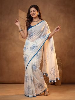 Jaipur Kurti - Women Blue Linen Blend Floral Saree With Unstitched Blouse