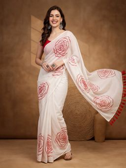 Jaipur Kurti - Women Pink Linen Blend Floral Saree With Unstitched Blouse