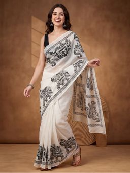 Jaipur Kurti - Black Linen Blend Printed Saree With Unstitched Blouse