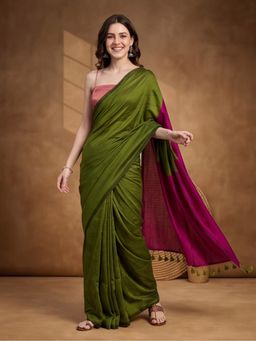 Jaipur Kurti - Green Women Pure Cotton Solid Saree With Unstitched Blouse