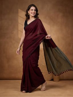 Jaipur Kurti - Maroon Pure Cotton Solid Saree With Unstitched Blouse