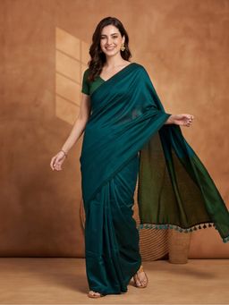 Jaipur Kurti - Teal Pure Cotton Solid Saree With Unstitched Blouse