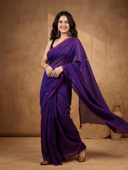 Jaipur Kurti - Purple Pure Cotton Solid Saree With Unstitched Blouse