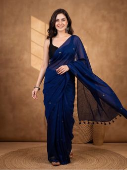 Jaipur Kurti - Women'S Navy Blue Pure Cotton Solid Saree With Unstitched Blouse