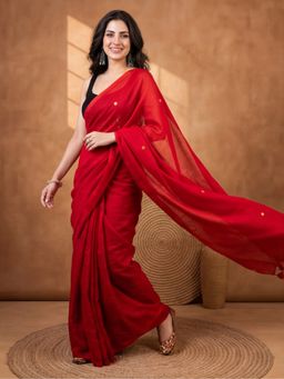 Jaipur Kurti - Women'S Red Pure Cotton Solid Saree With Unstitched Blouse