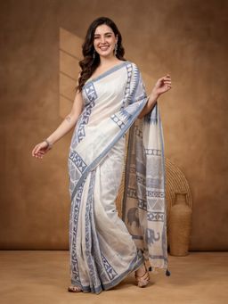 Jaipur Kurti - Blue Linen Blend Geometric Saree With Unstitched Blouse
